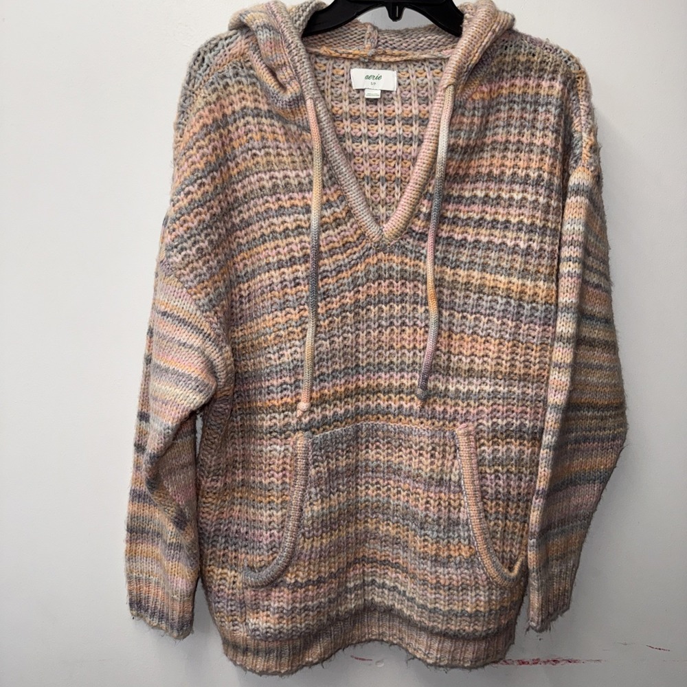Aerie Pastel Rainbow Multi Knit Wool Blend Hooded Sweater Pocket Size Small